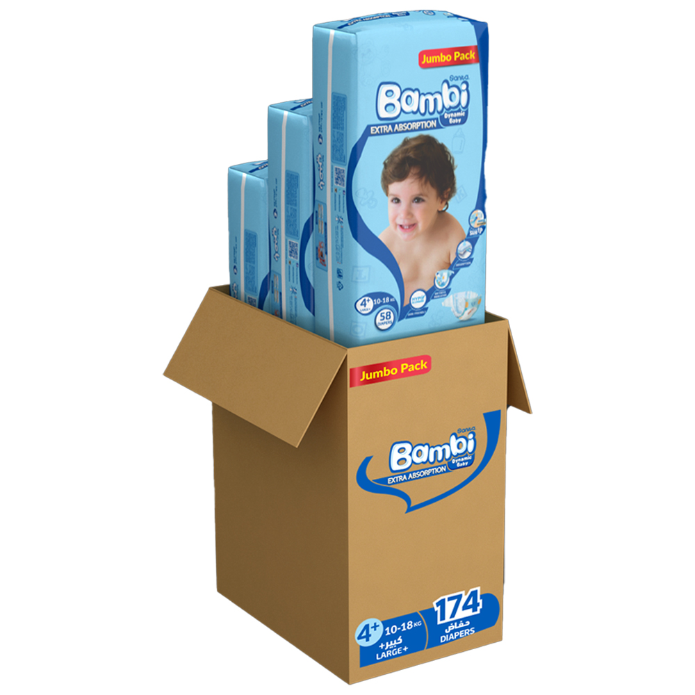 Sanita Bambi - Baby Diapers - Jumbo Pack - Size 4+ Large Plus - 10-18 kg - Pack of 3 - 174 Pcs