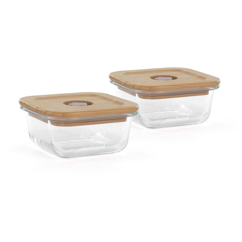 Miniland - Ecosquare Chick Airtight Glass Container - 210 ml - 2 Pc Set