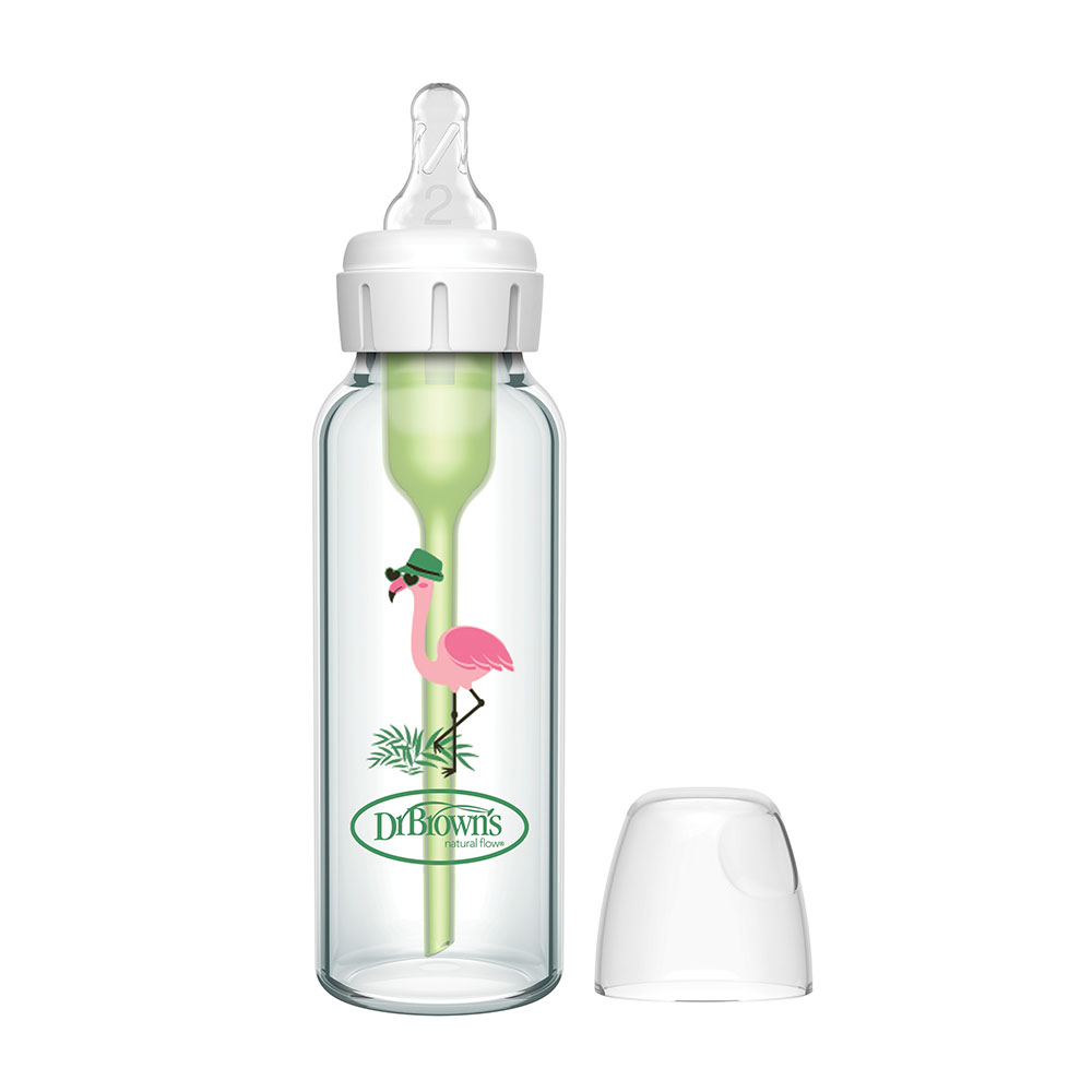 Dr. Browns - Glass Narrow Anti-Colic Baby Bottle With L2 Nipple - Flamingo - 250 ml