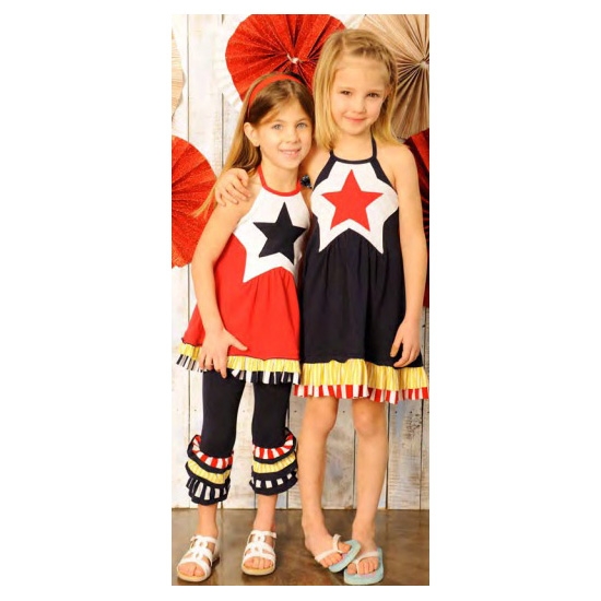 Twirls and Twigs Firecracker Navy/YelloWithWhite/Red Star Halter Top With Ruffle Bottom Dress