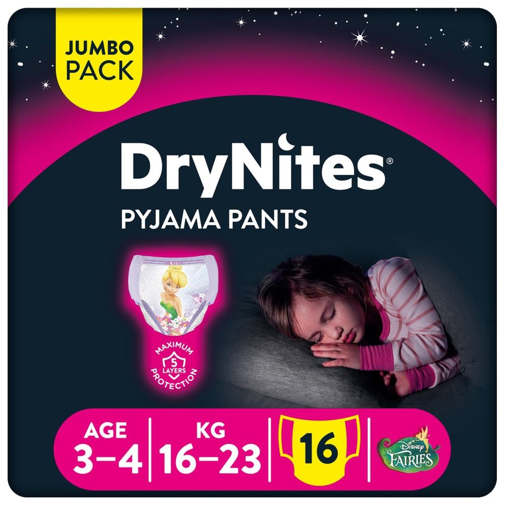 Huggies DryNites Pyjama Pants, 3-5 years, Bed Wetting Diaper, Girl, 16-23 kg, Jumbo Pack, 16 Pants