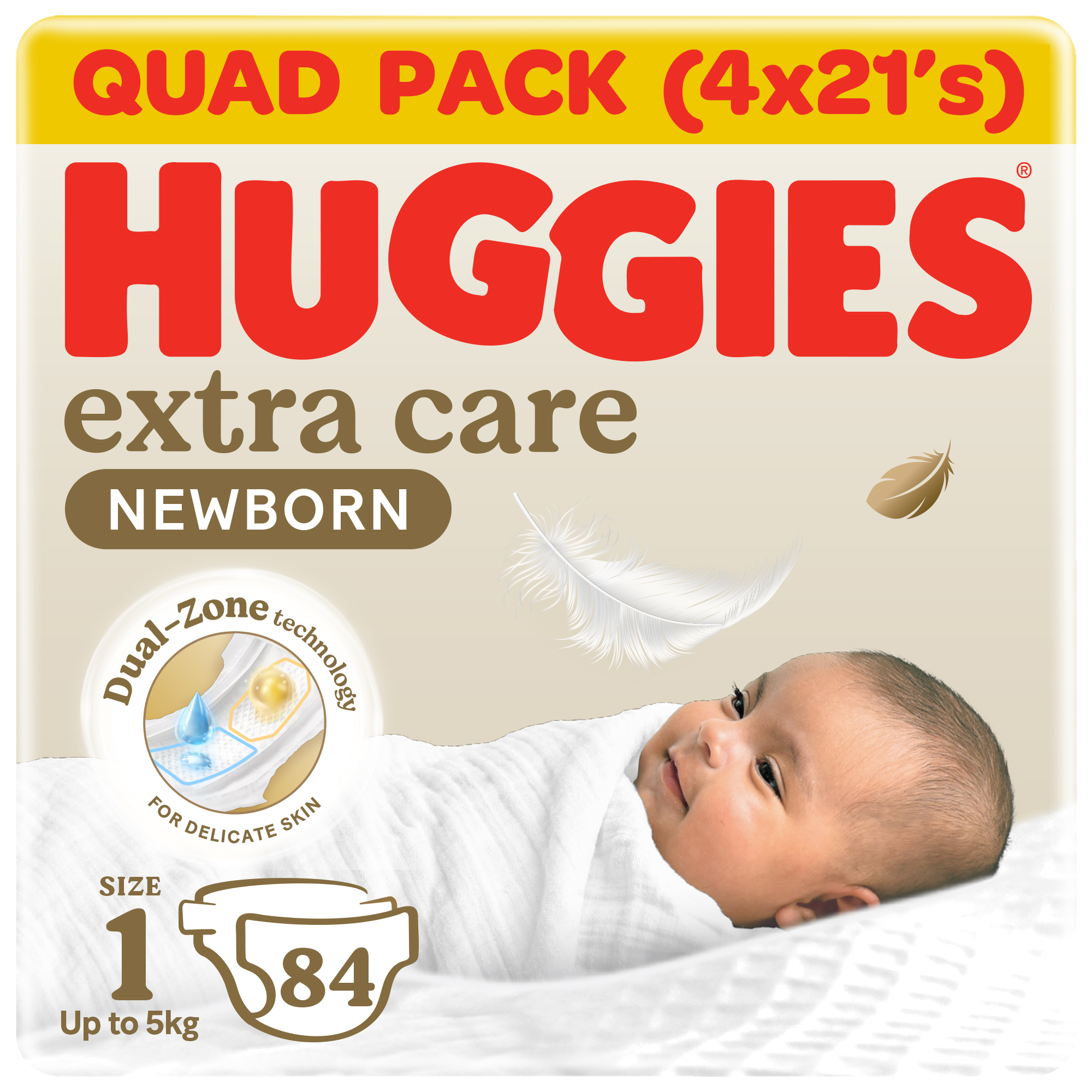 Huggies - Extra Care Newborn, Size 1, Up to 5 kg, Mega Pack - 84 Diapers
