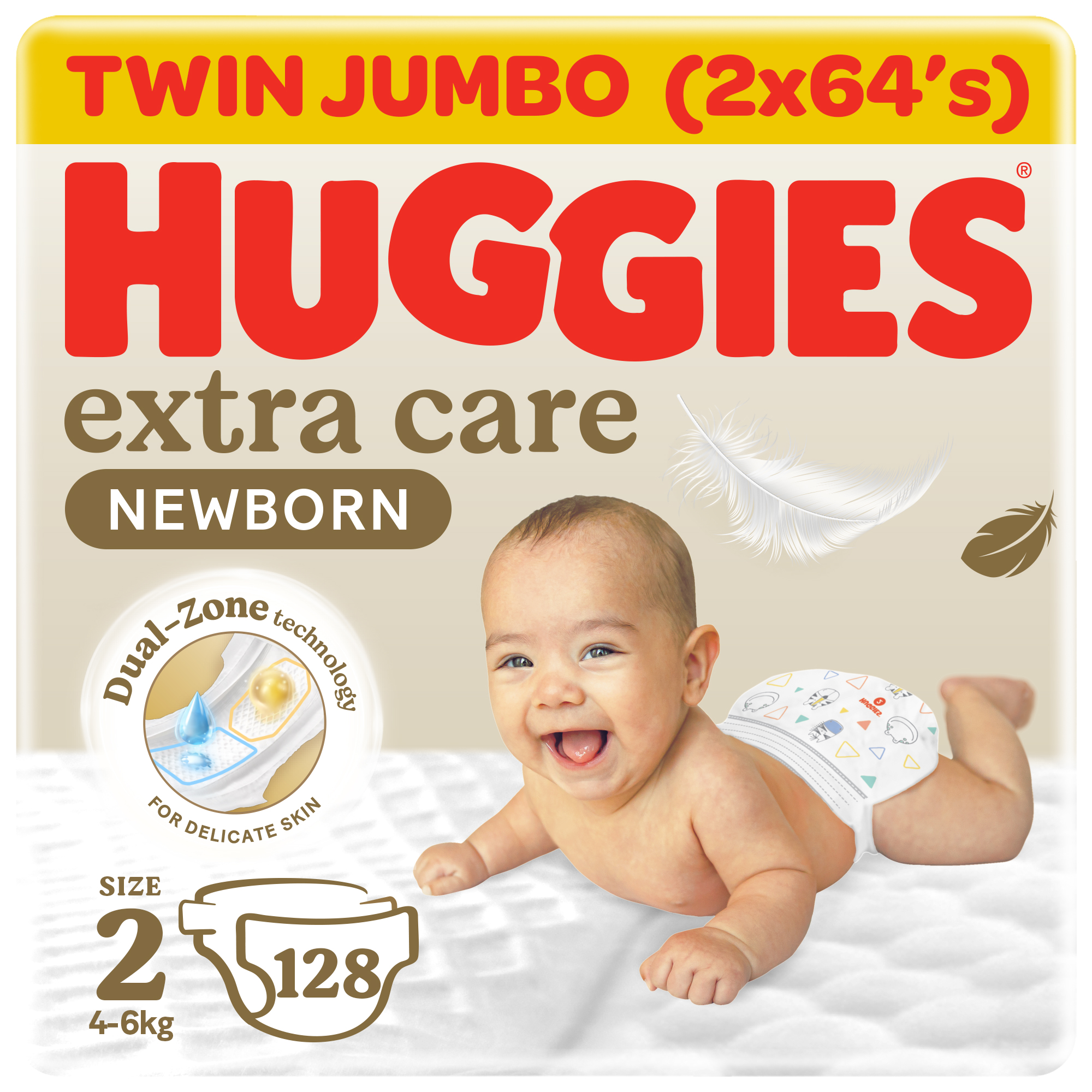 Huggies Newborn Diapers - Size 2, 4 - 6 kg, Twin Jumbo Pack, 128 Diapers - Packaging May Vary