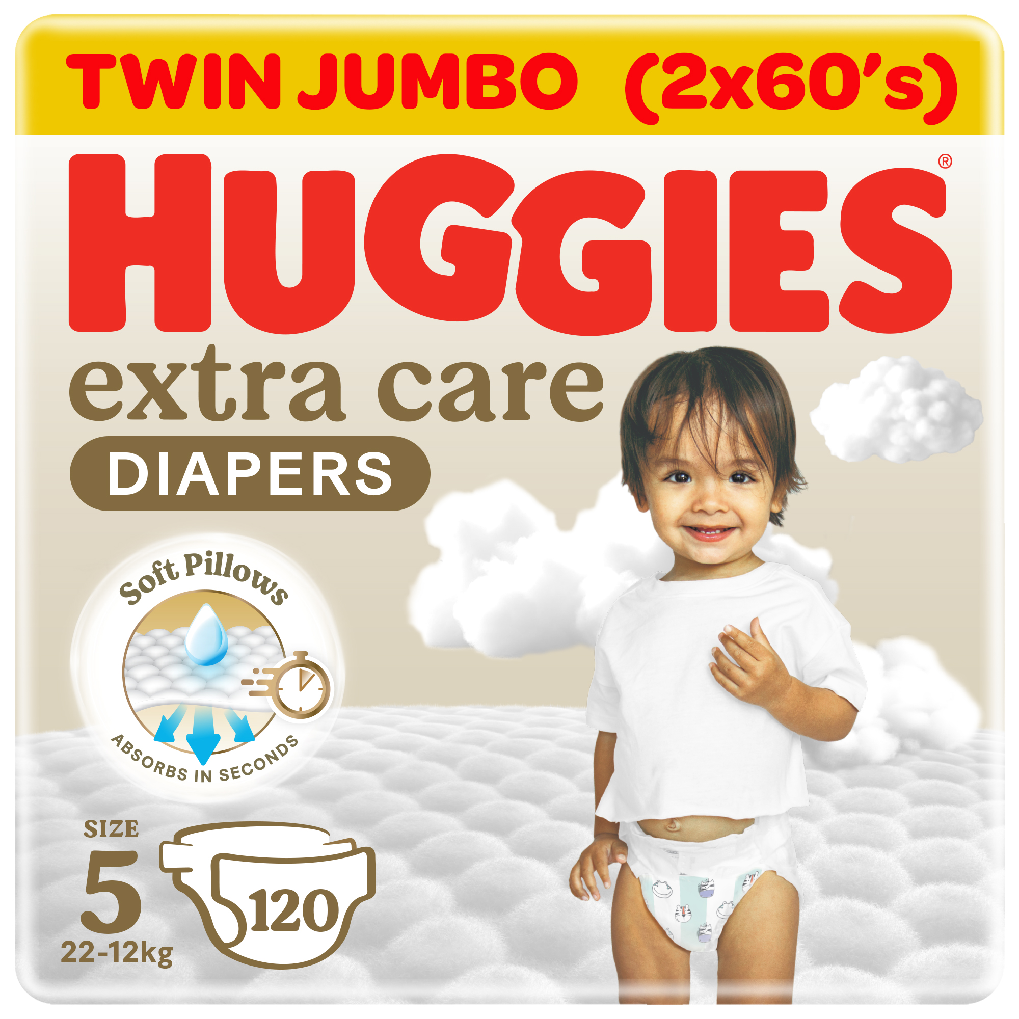 Huggies Extra Care, Size 5, 12 -22 kg, Twin Jumbo Pack, 120 Diapers