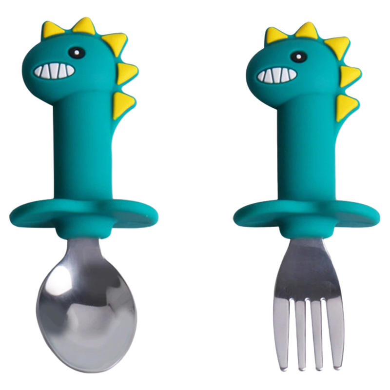 Brain Giggles Short Handle Fork/Spoon Set Dinasour - Blue