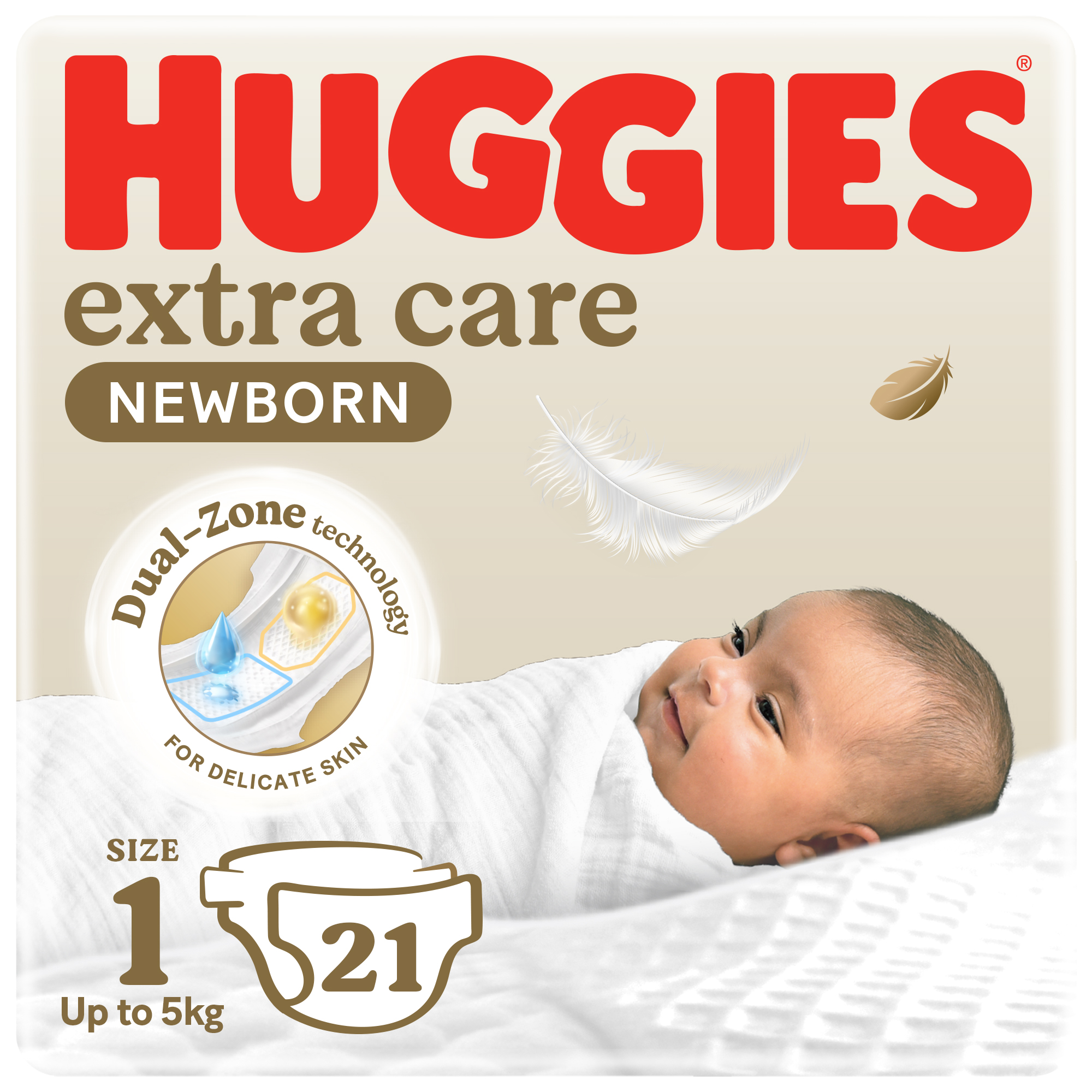 Huggies Extra Care Newborn, Size 1, Up to 5 kg, Carry Pack, 21 Diapers