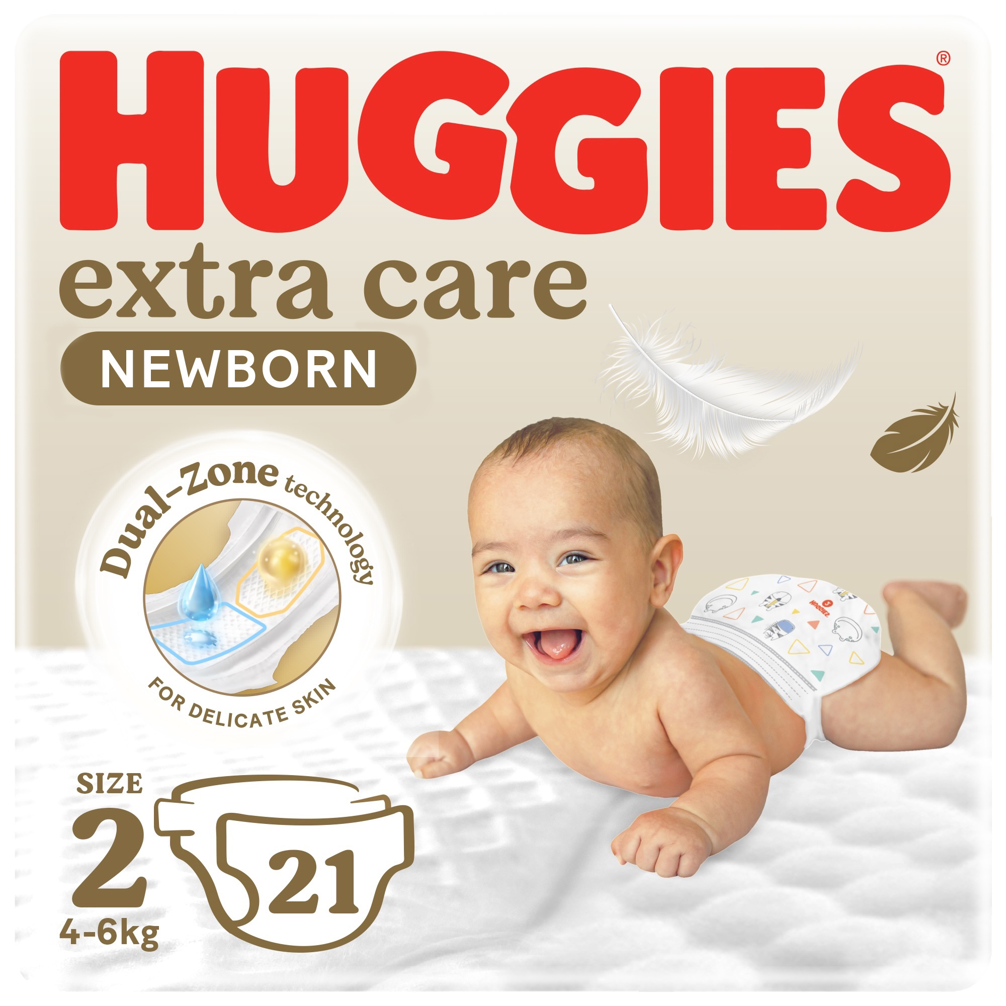 Huggies Extra Care Newborn, Size 2, 4 - 6 kg, Carry Pack, 21 Diapers