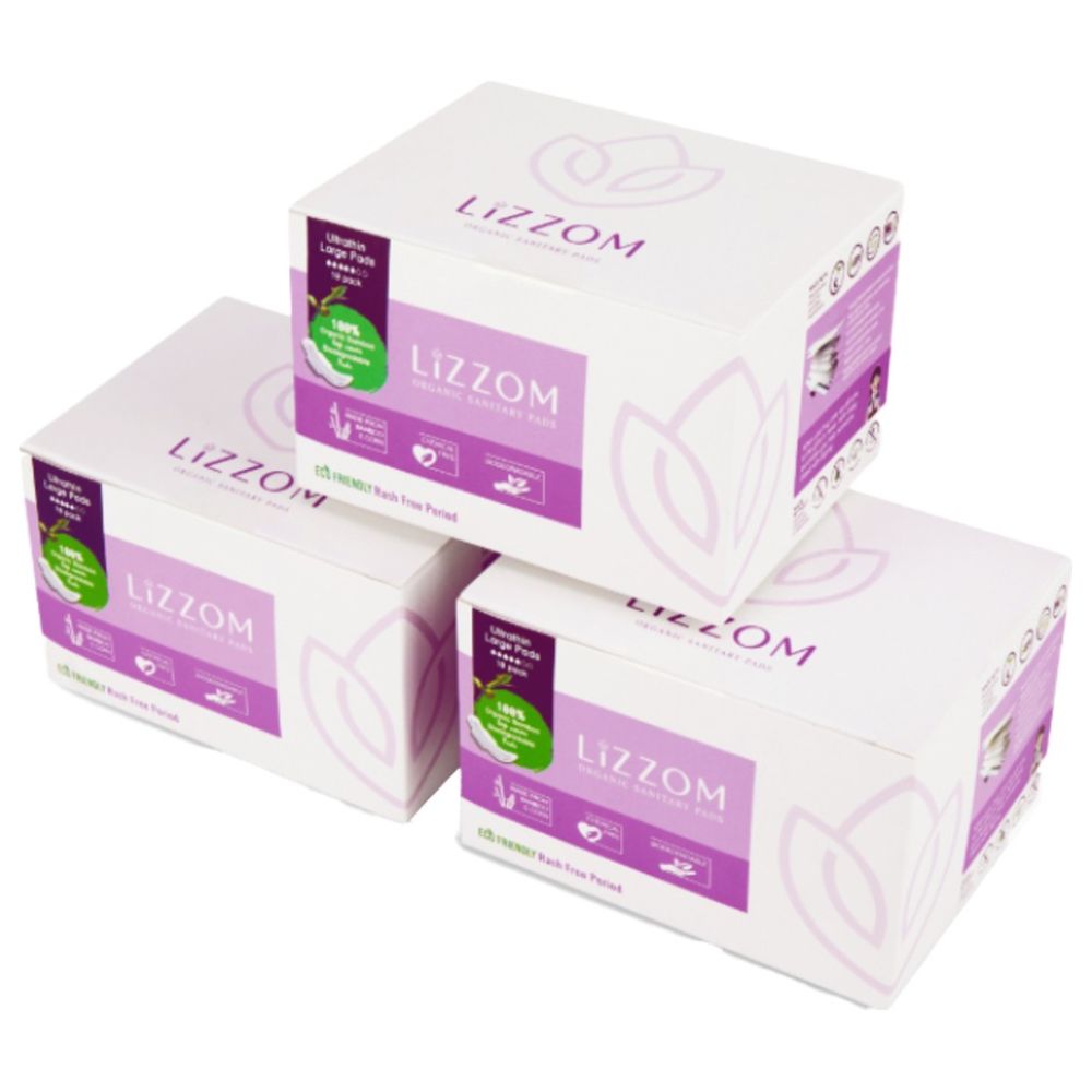 Lizzom Organic Ultrathin With Dual Wings 30 Large Pads, Saver Pack of 3 (Biodegradable)