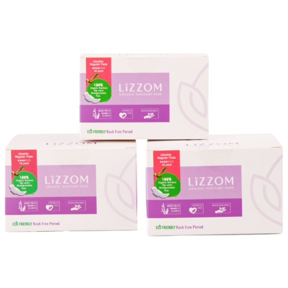 Lizzom Organic Ultrathin With Wings 30 Regular Pads, Saver Pack of 3 (Biodegradable)