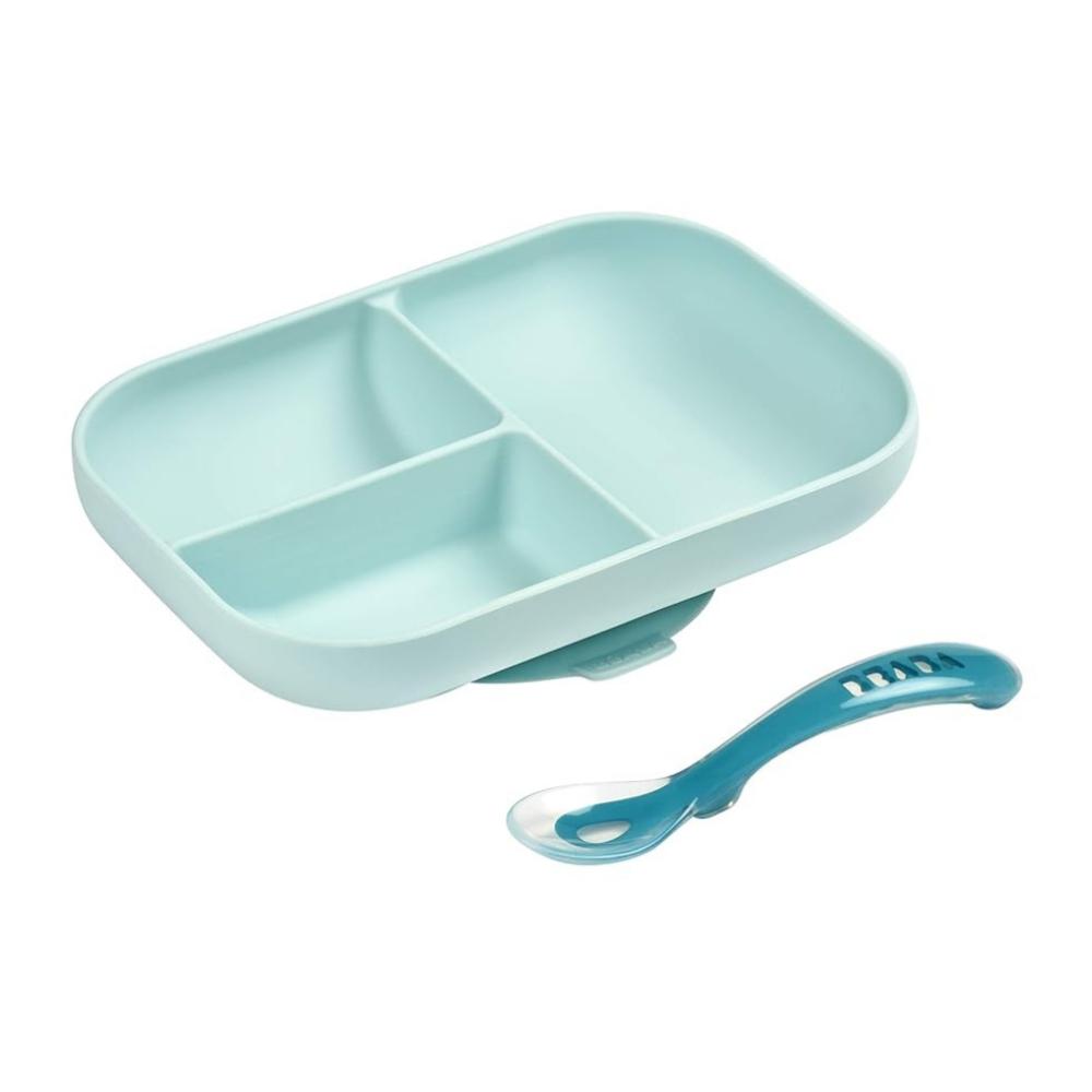 Beaba Silicone Suction Divided Plate With Spoon - Blue