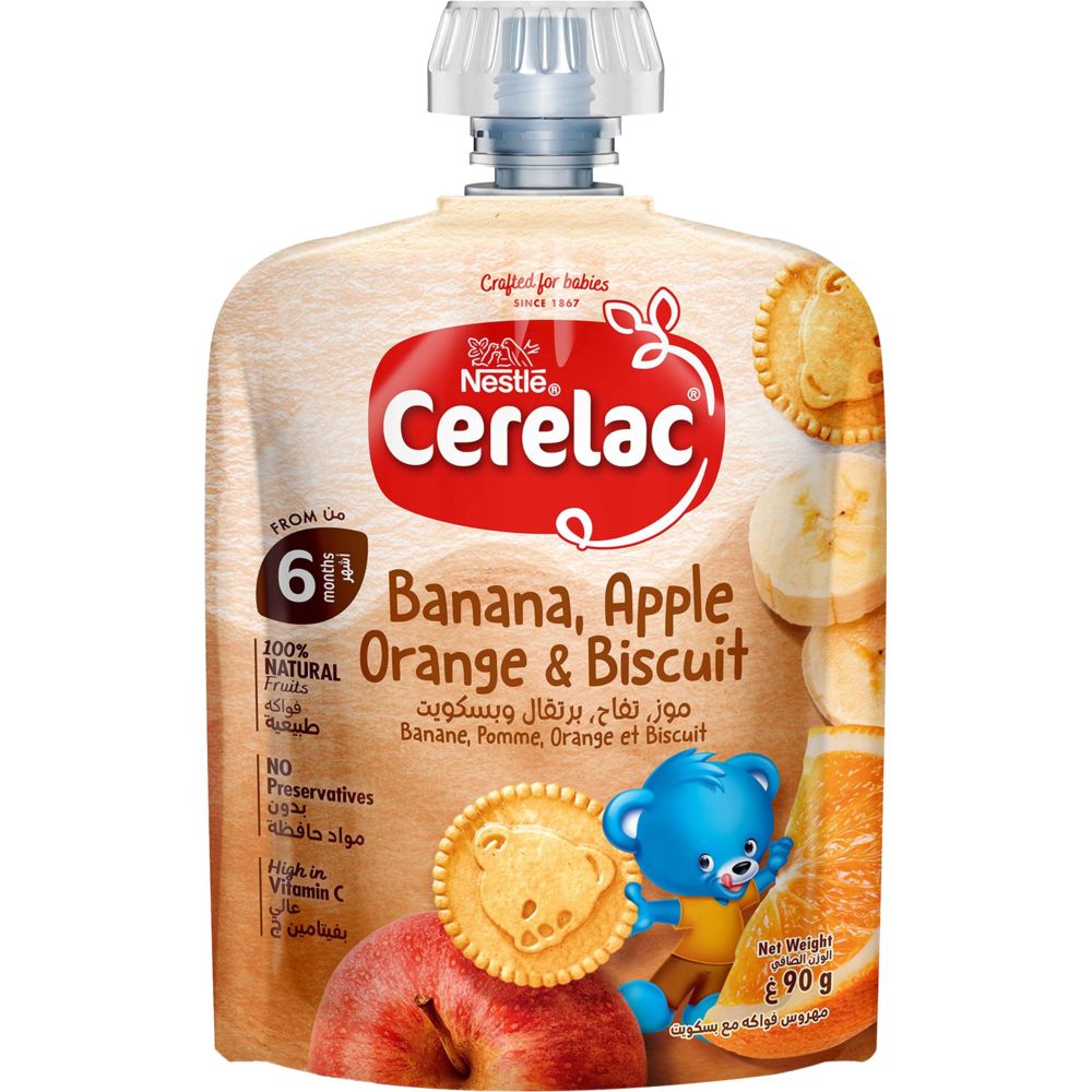 Nestle Cerelac Fruits Puree Pouch, Banana, Orange, Biscuit, from 6 Months, 90g