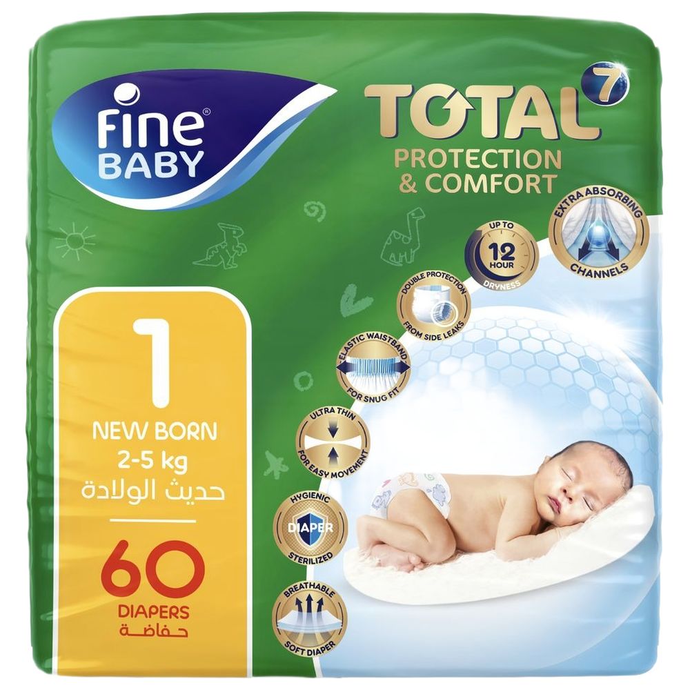 Fine Baby - Total 7 Diapers Size 1 Newborn 2-5kg - Pack of 60