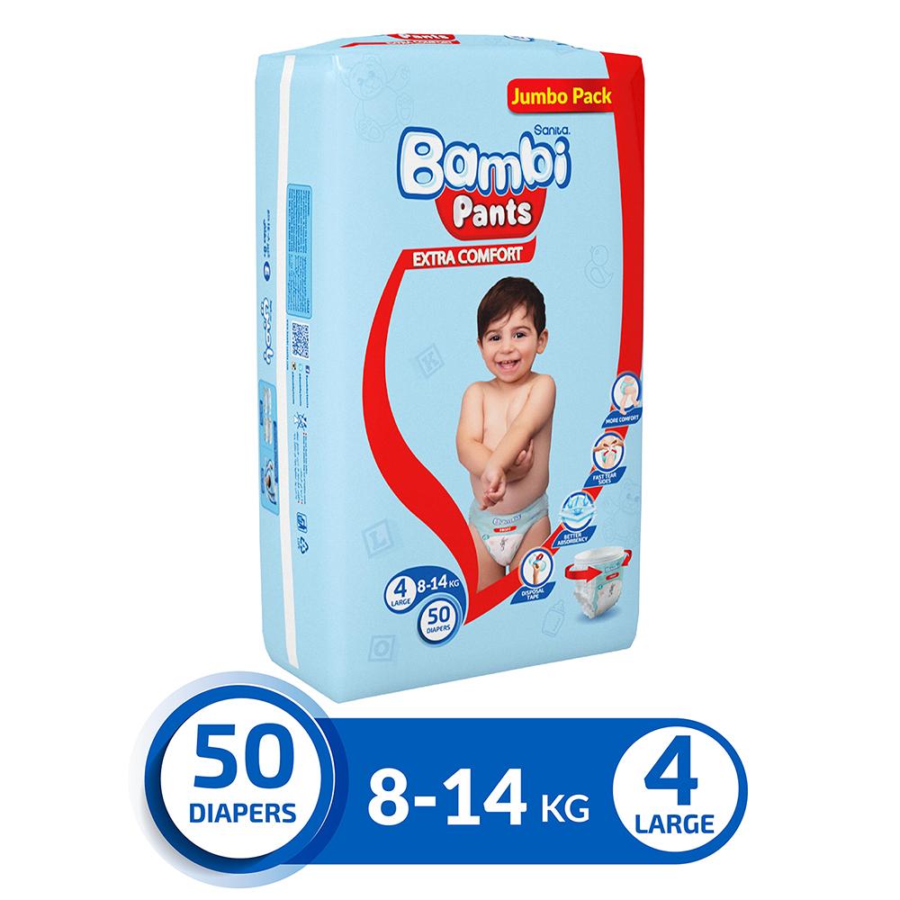 Sanita Bambi Sanita Pants Baby Diapers, Size 4, Large, 8-14 Kg, Jumbo Pack, 50 Pants