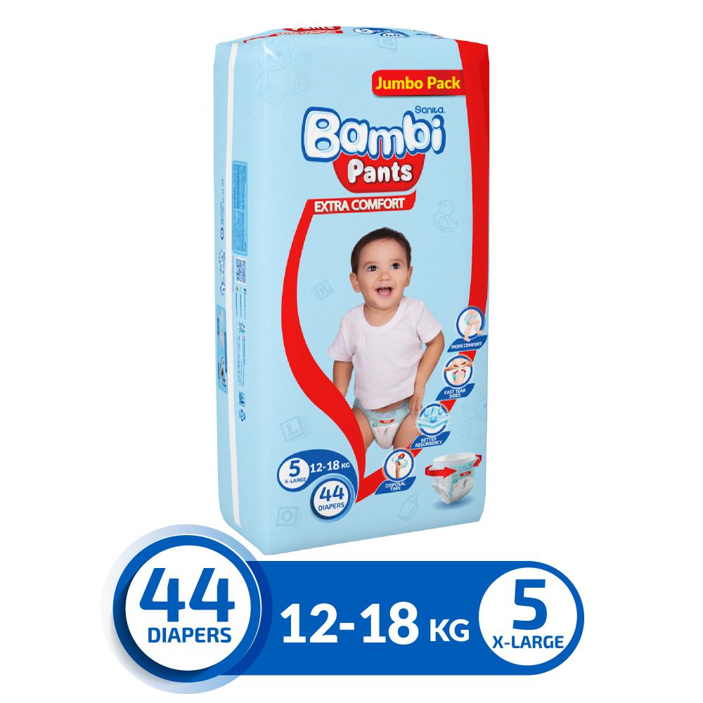 Sanita Bambi Sanita Pants Baby Diapers, Size 5, X-Large, 12-18 Kg, Jumbo Pack, 44 Pants