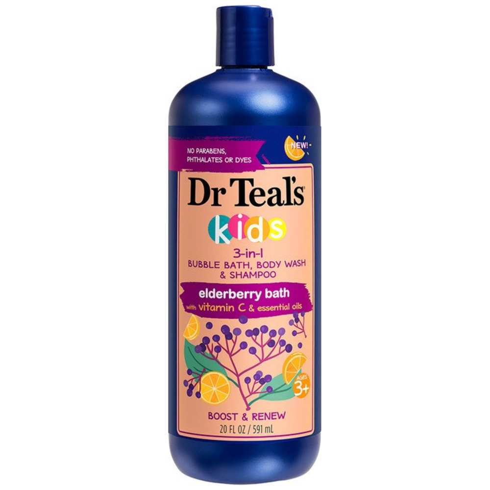 Dr Teal's Kids 3-in-1 Bubble Bath Body Wash and Shampoo Elderberry Bath with Vitamin C and Essential Oils 591ml