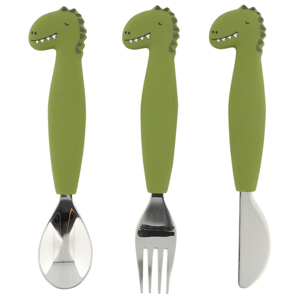 Trixie - Stainless Steel Cutlery Set With Silicone Handle - Mr. Dino - 3 Pc Set