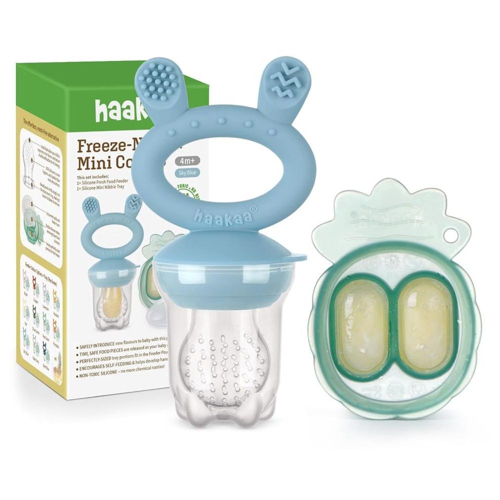 Haakaa - Freeze-N-Feed Fresh Food Feeder Teether And Nibble Tray Set - Sky Blue - 2pcs