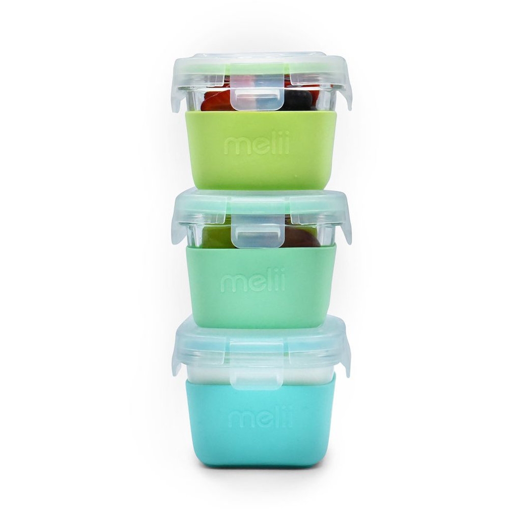 Melii - Glass Food Storage Containers With Silicone Sleeve - Green/Mint/Turquoise - 3 Pc Set - 160 ml
