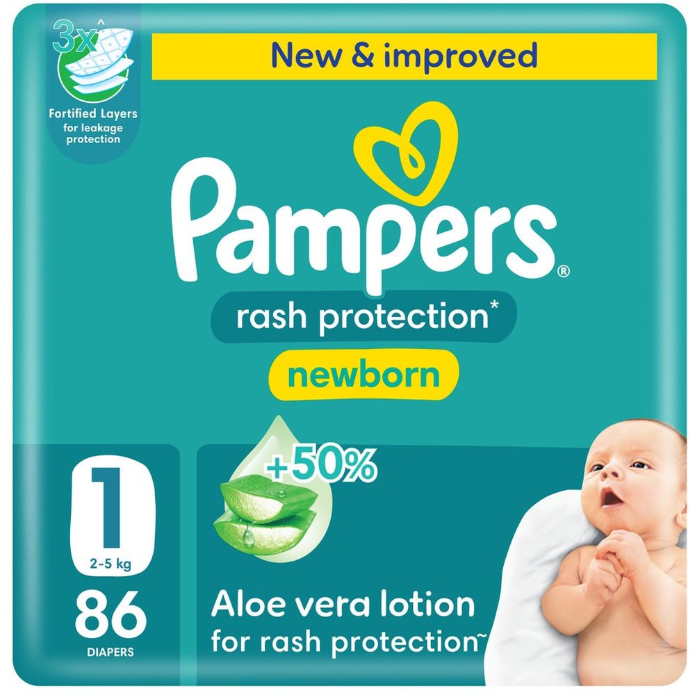 Pampers - Rash Protection Taped Diapers - Mega Pack - Size 1 - 2-5kg - 86 Pcs