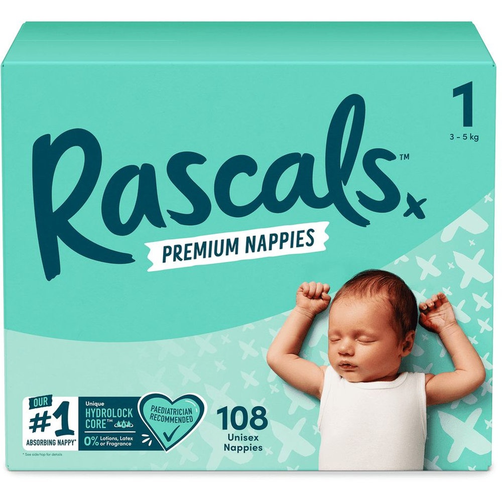 Rascals - Premium Baby Diapers - Jumbo Box - Size 1 - 3-5 kg - 108 Pcs