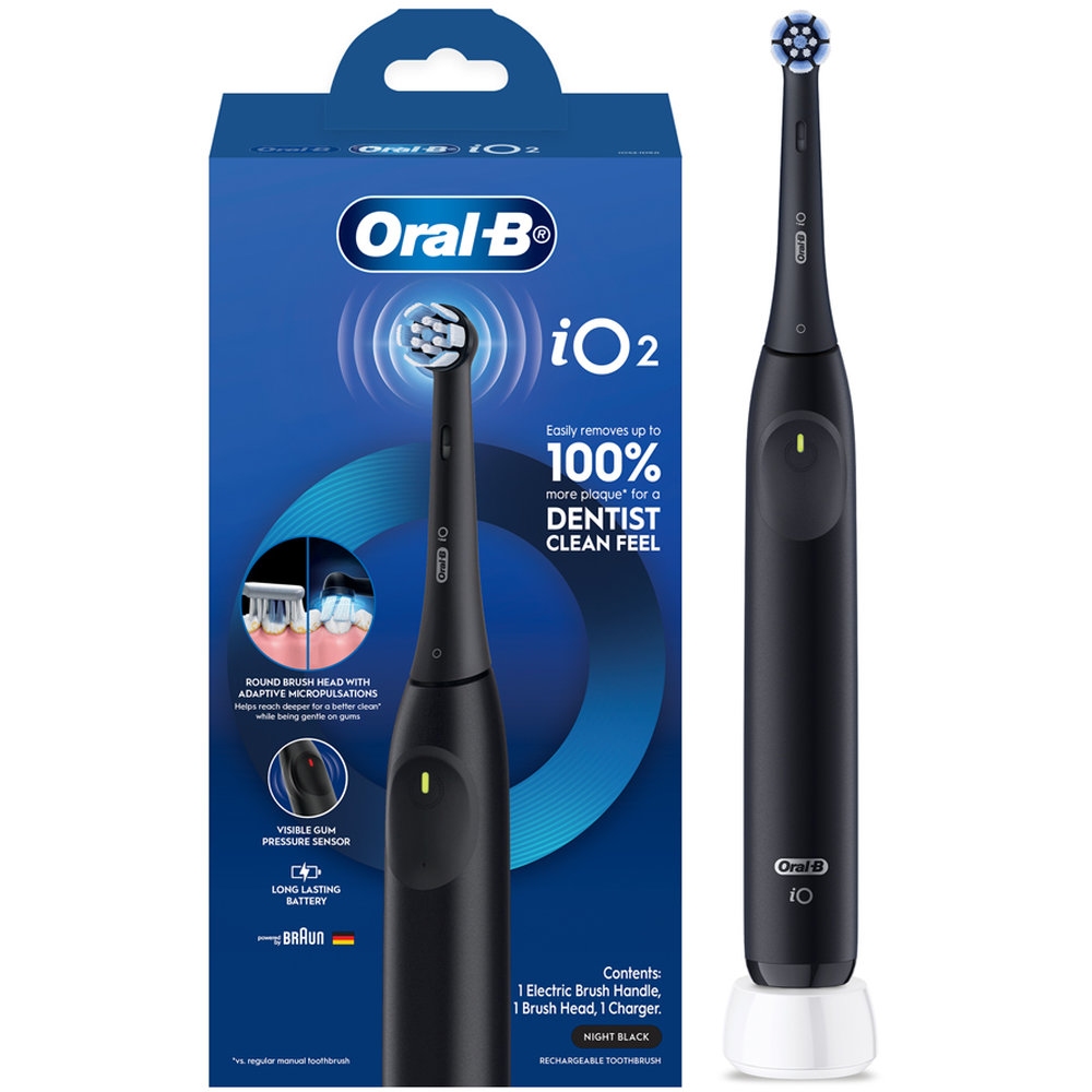 Oral-B Oral B iO2 Rechargeable Electric Toothbrush with 3 Smart Modes, Night Black, iOS2.1D9.0
