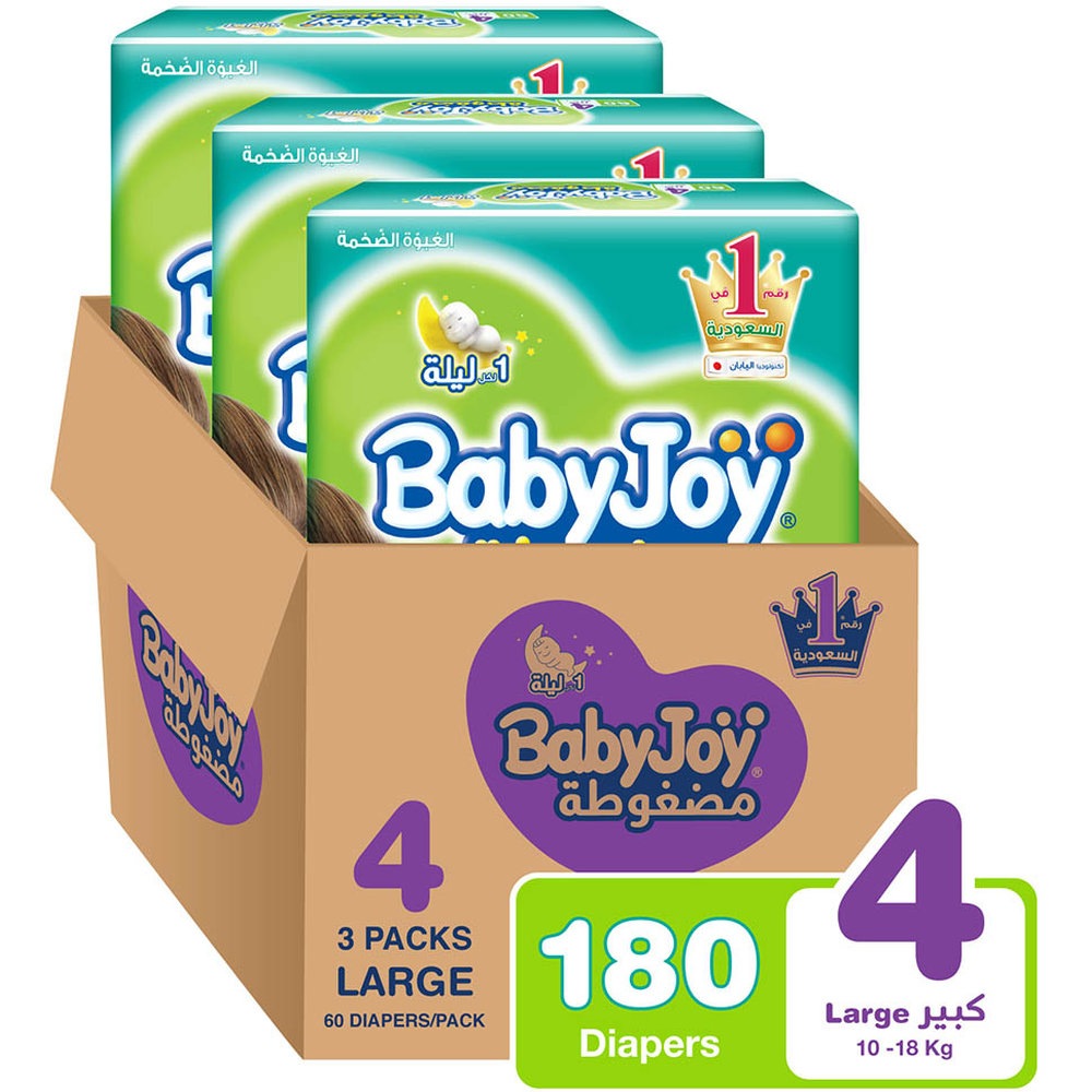 Babyjoy - Compressed Diamond Pad Diaper - Mega Pack- Large - Size 4 - 10-18kg - Pack of 3 - 180 Pcs