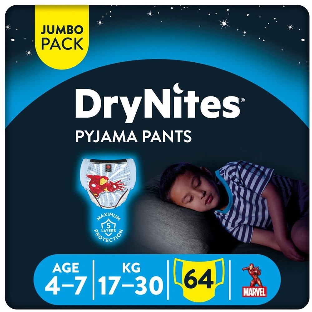 Huggies - DryNites Pyjama Pants - 4-7 years - Bed Wetting Diaper - Boys - 17-30kg - Pack of 4 Jumbo Packs - 64 Pcs