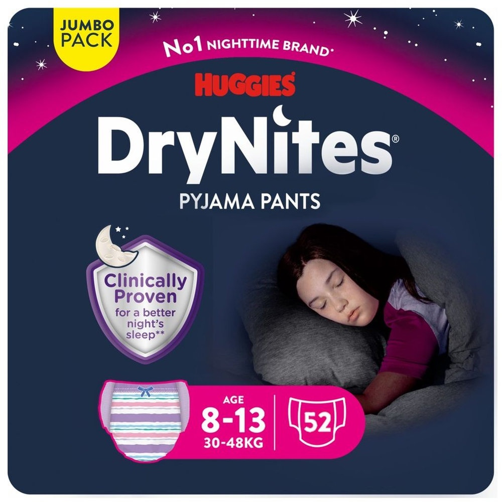 Huggies - DryNites Pyjama Pants - 8-13 years - Bed Wetting Diaper - Girls - 30-48 kg - Pack of 4 x Jumbo Packs - 52 Pcs