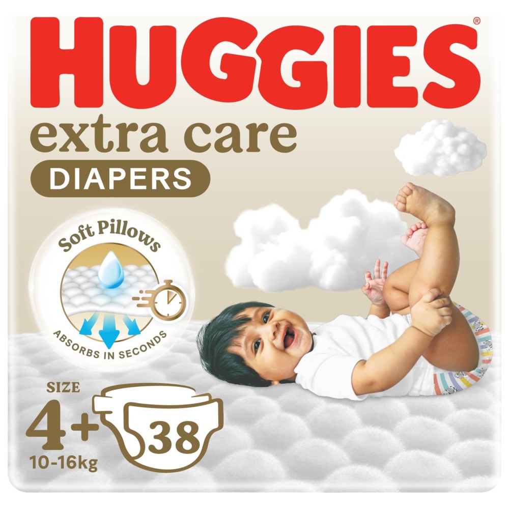 Huggies - Extra Care Diapers - Value Pack - Size 4+ - 10-16 kg - 38 Pcs