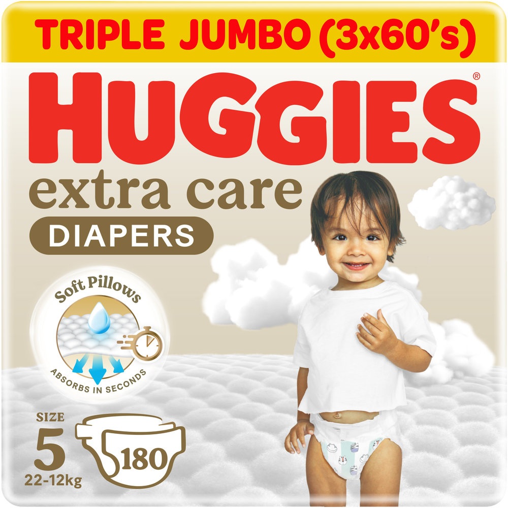 Huggies - Extra Care Baby Diapers - Size 5 - 12 -22kg - Super Mega Pack - 180Pcs - Pack of 3 - Packaging May Vary