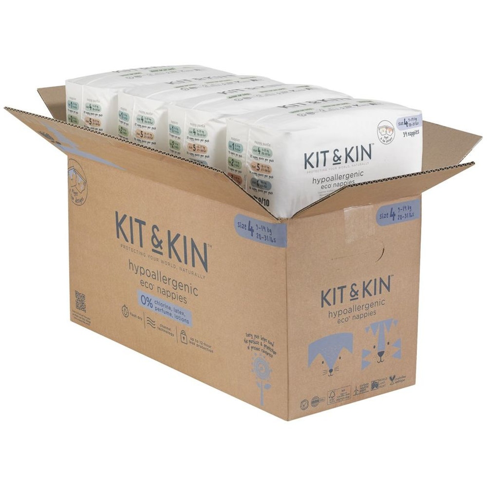 Kit & Kin - Eco Diapers - Size 4 - Pack of 4 - 136 Pcs - 9-14kg