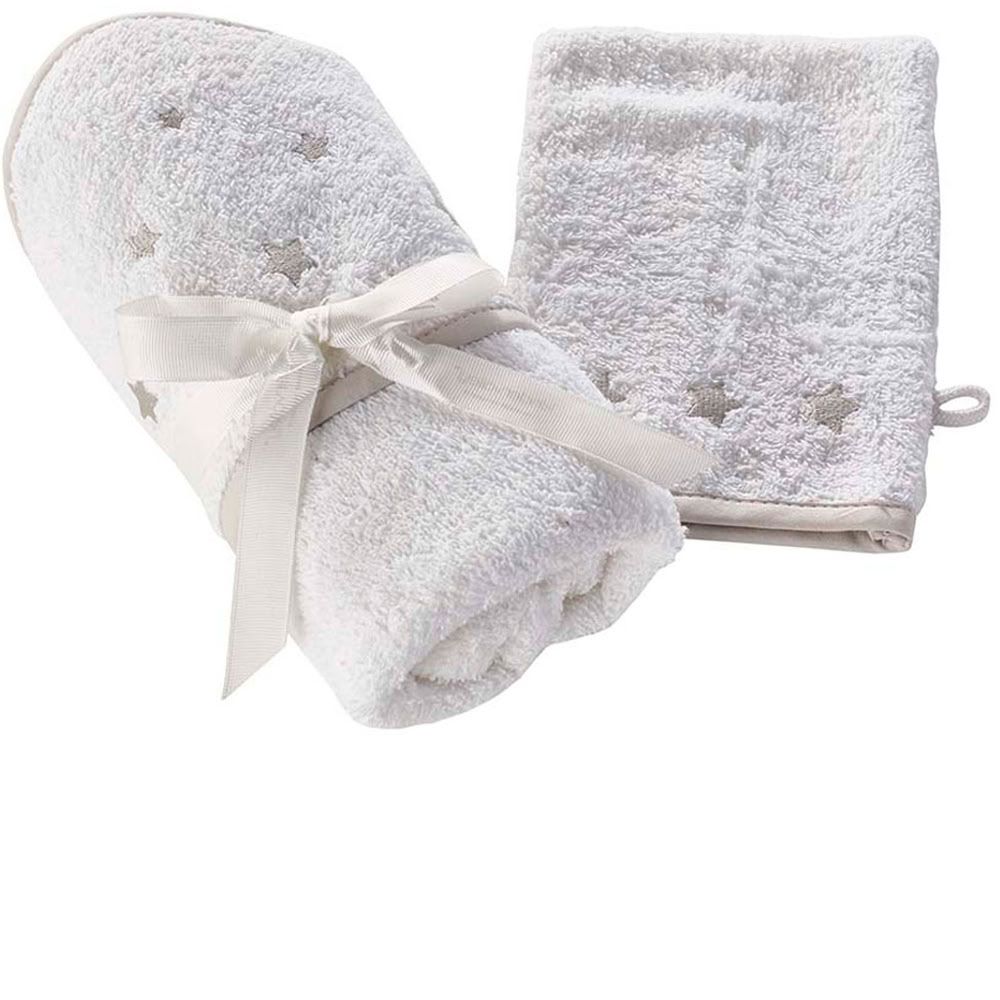 Kinder Valley - Stars Print Hooded Towel And Wash Mitt Set - White - 2 Pcs
