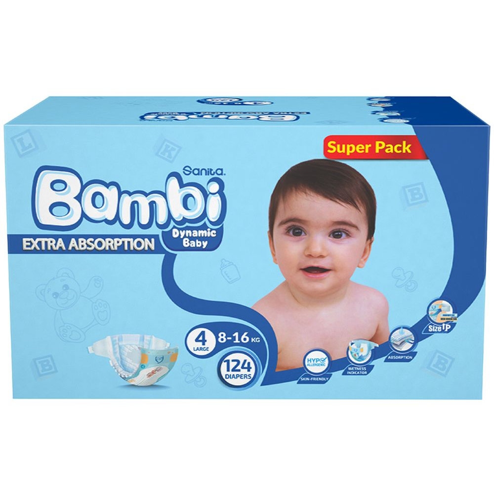 Sanita Bambi - Baby Diapers Pack - Size 4 - Large - 8-16kg -124 Pcs