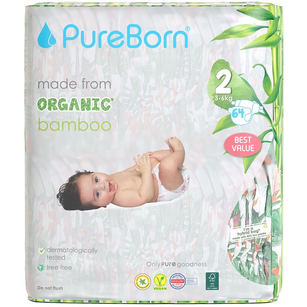 Pureborn - Size 2 Value Pack - 3-6Kg - 64 Pcs - Design May Vary