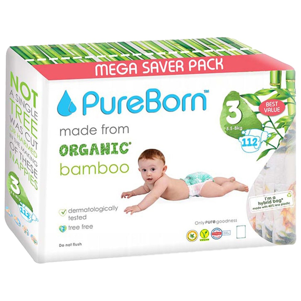 Pureborn - Organic Bamboo Nappy - Size 3 - M - 5.5-8 kg - 112 Pcs