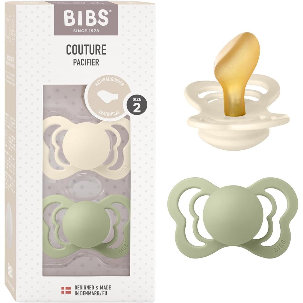 Bibs - Pacifier Couture Latex Size 2 - 6M+ - Pack of 2 - Ivory/Sage