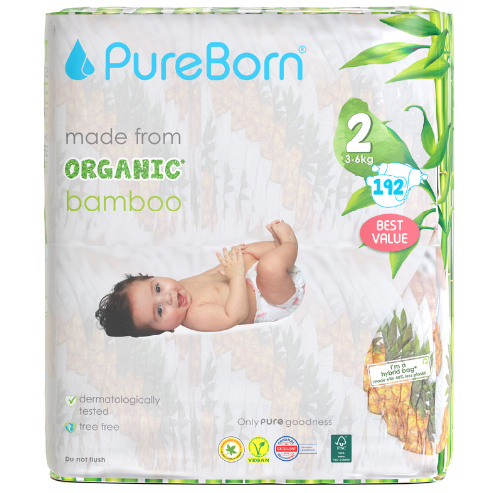 Pure Born - Size 2 Double Pack 3-6kg Nappy 64's x 3 Bundle - Assorted