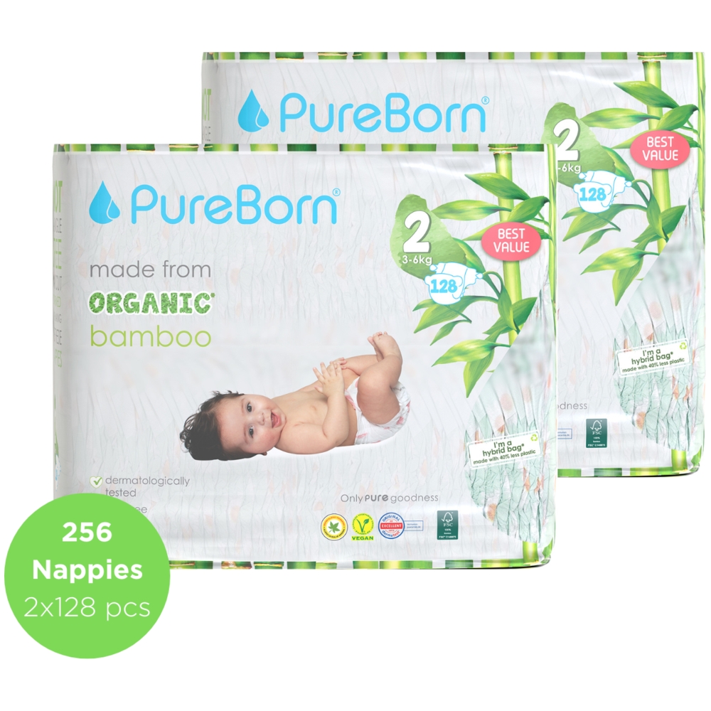 Pureborn Size 2 Master Pack 3-6kg Nappy Pack of 2 256 pcs - Design May Vary