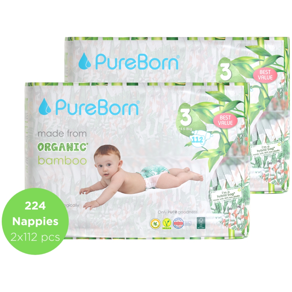 Pure Born - Size 3 Master Pack 5.5-8kg Nappy 112's x 2 Bundle - Assorted