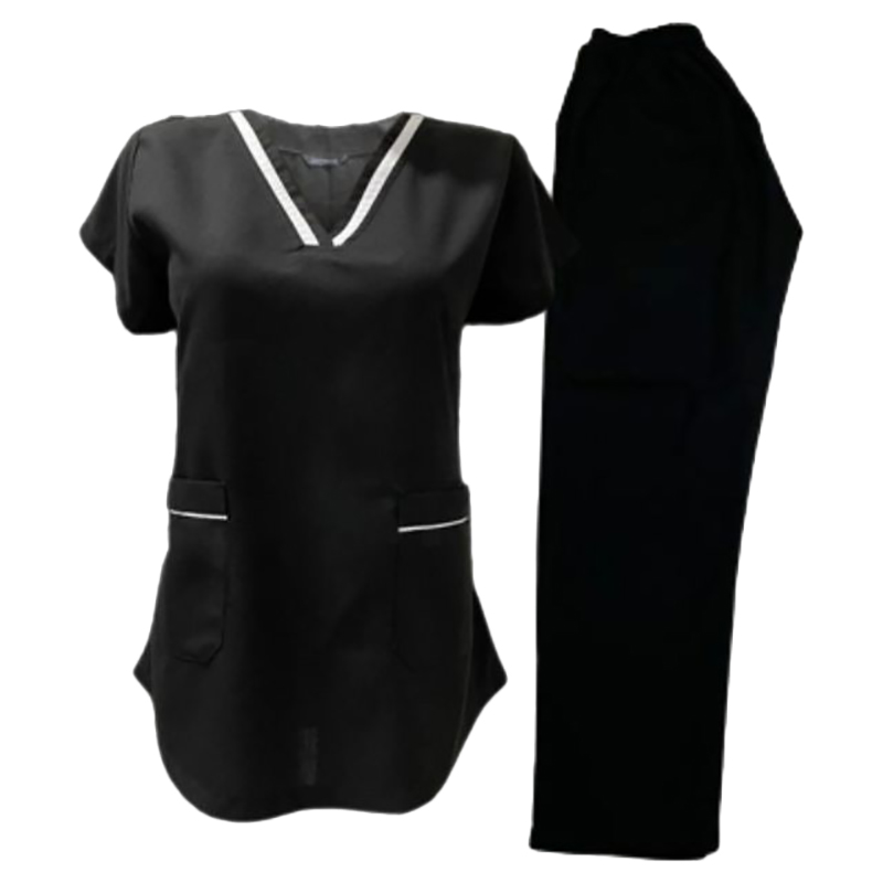 Veronica - 2pc-Set - V-Neck Scrub Uniform With 2 Pockets - Black