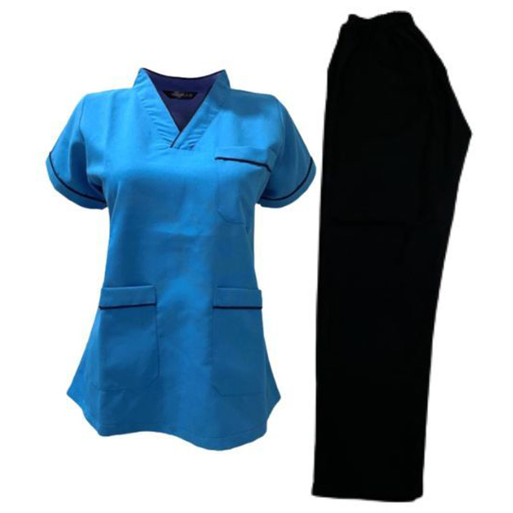 Veronica - 2pc-Set - Scrub Uniform With Piping Neckline - Turquoise/Black