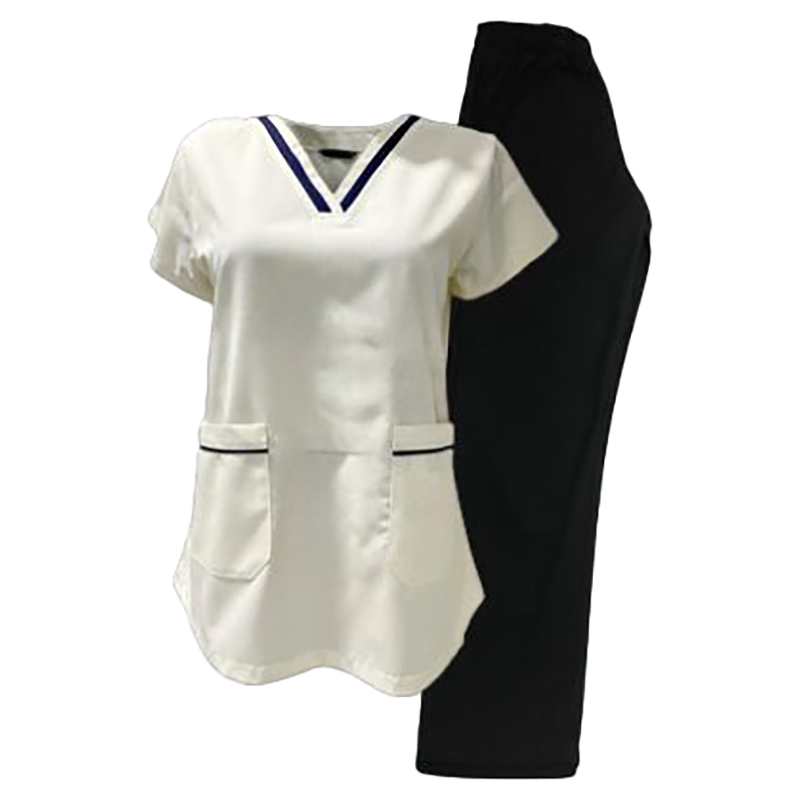 Veronica - 2pc-Set - V-Neck Scrub Uniform With 2 Pockets - White/Black