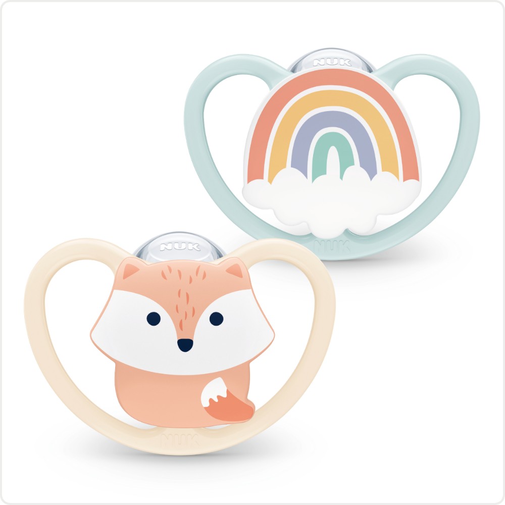 NUK - Animals Space Silicone Soother 0-6m 2pc - Fox & Rainbow