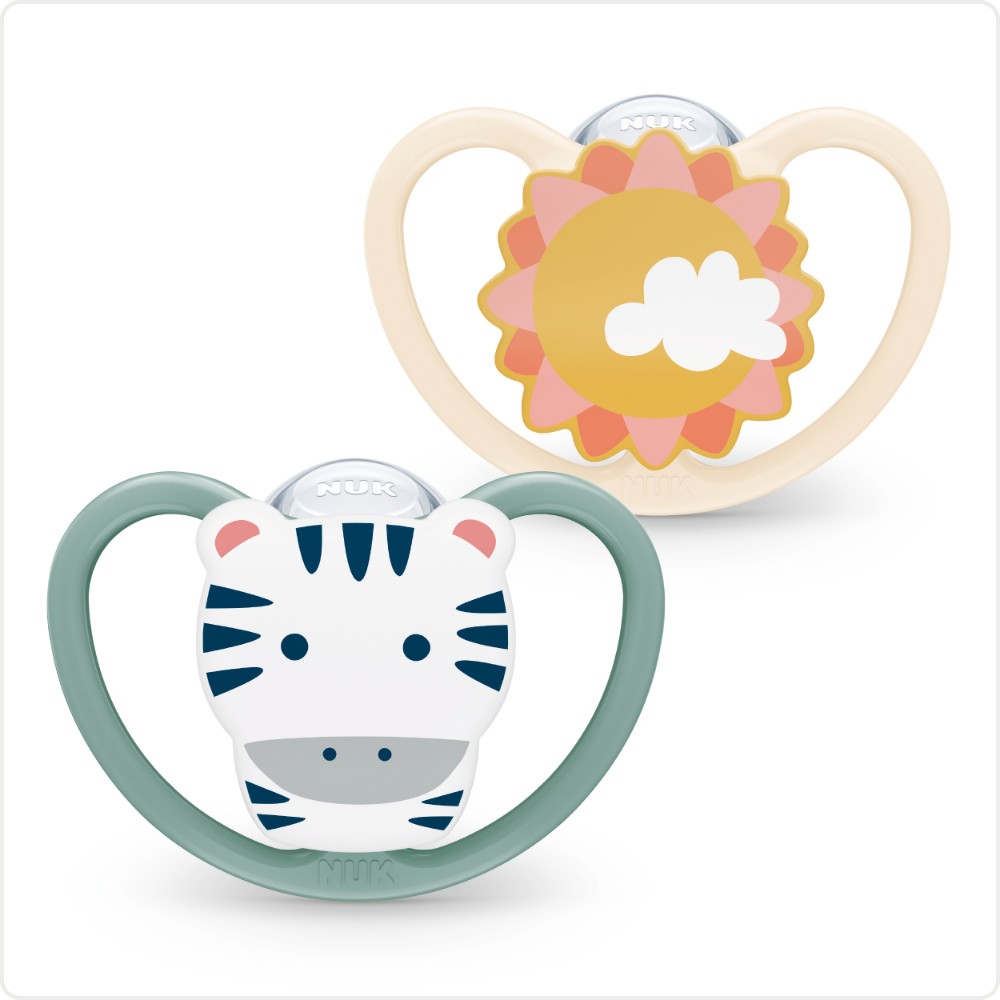 NUK - Animals Space Silicone Soother 6-18m 2pc - Cat & Sun