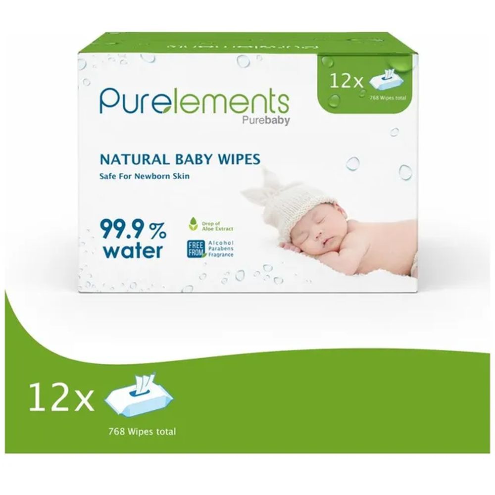 Purelements - 99.9% Aloe Water Wipes (12 Packs, 768 Wipes) - Soothing for Sensitive Skin