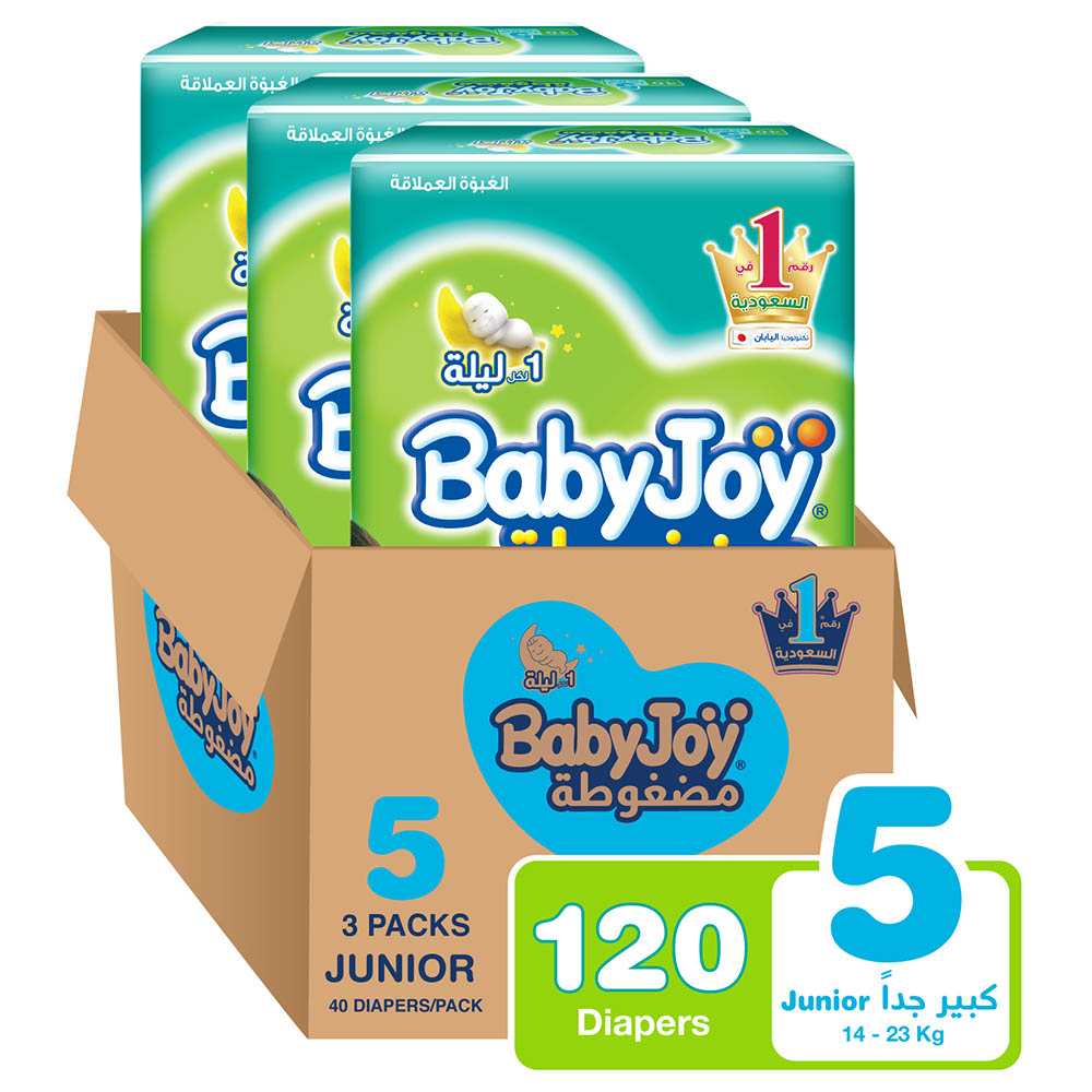 BabyJoy- Compressed Diaper Jumbo Pack- Junior Size 5- 12-23kg- Pack of 3- 120 Pcs