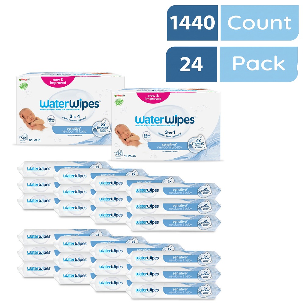 WaterWipes Sensitive+ Newborn & Baby Wipes, 1440 Count (24 Packs), 3-In-1 Cleans, Cares, Protects, 99.9% Water, Unscented