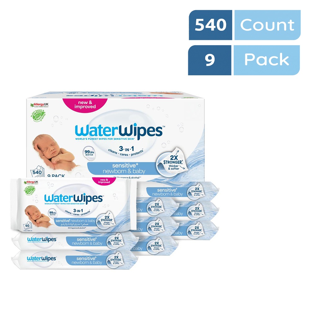 WaterWipes Sensitive+ Newborn & Baby Wipes, 540 Count (9 Packs), 3-In-1 Cleans, Cares, Protects, 99.9% Water, Unscented