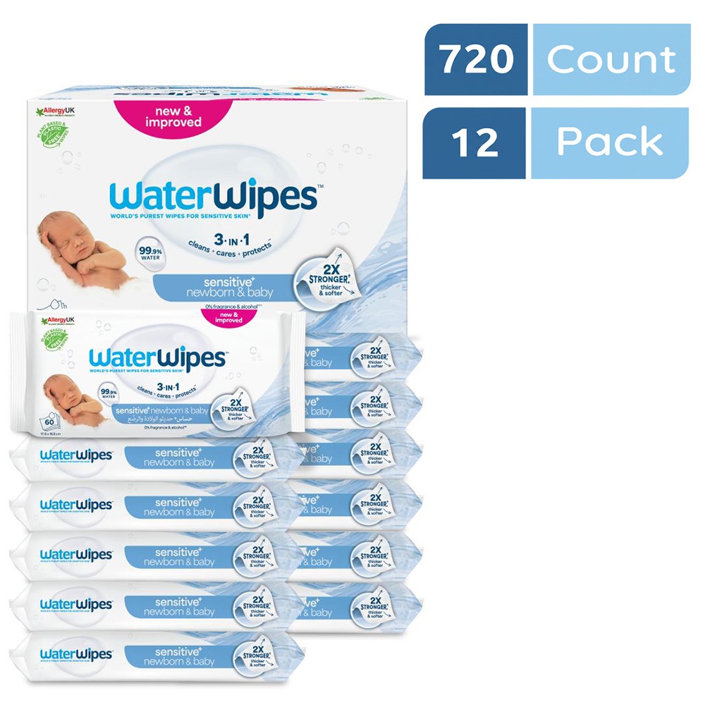 WaterWipes Sensitive+ Newborn & Baby Wipes, 720 Count (12 Packs), 3-In-1 Cleans, Cares, Protects, 99.9% Water, Unscented