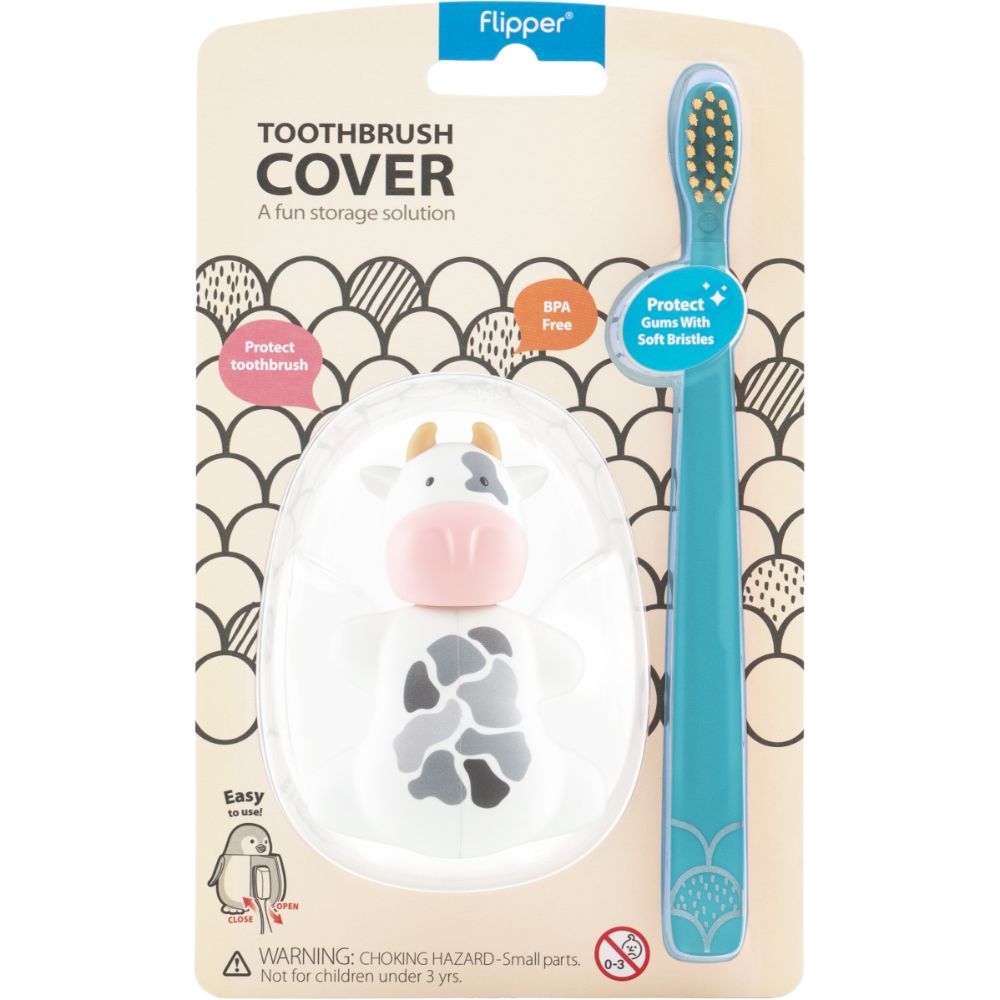 Filpper - Fun Animal Toothbrush With Holder for Kids - Cow (Colour May Vary)